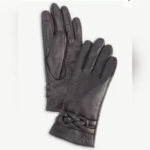 Cole Haan Braided-Cuff Genuine Leather Gloves Touchscreen Dark Brown Medium